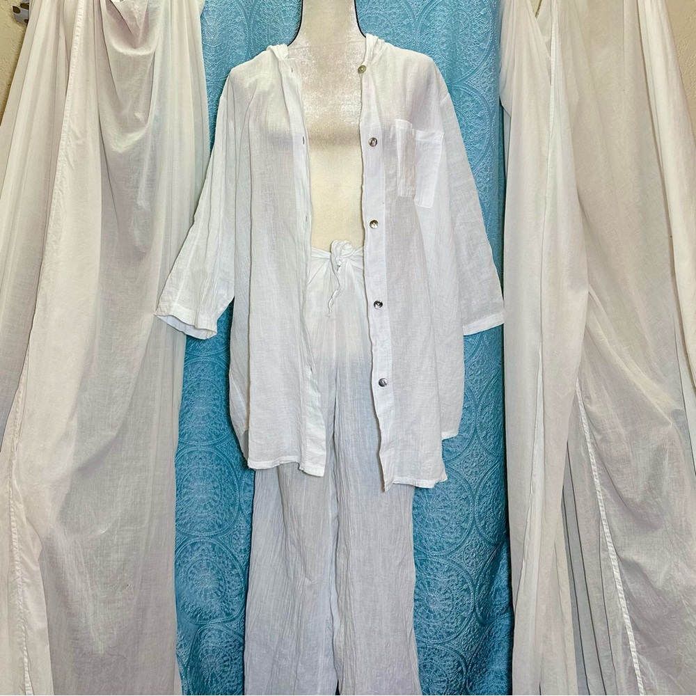 🌟 White Cotton Gauze Button Up Hoodie & Pants Set Sz XL